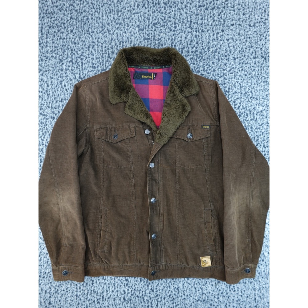 Emerica Trucker Jacket Mens L Brown Good Corduroy Sherpa Plaid Lined Skate